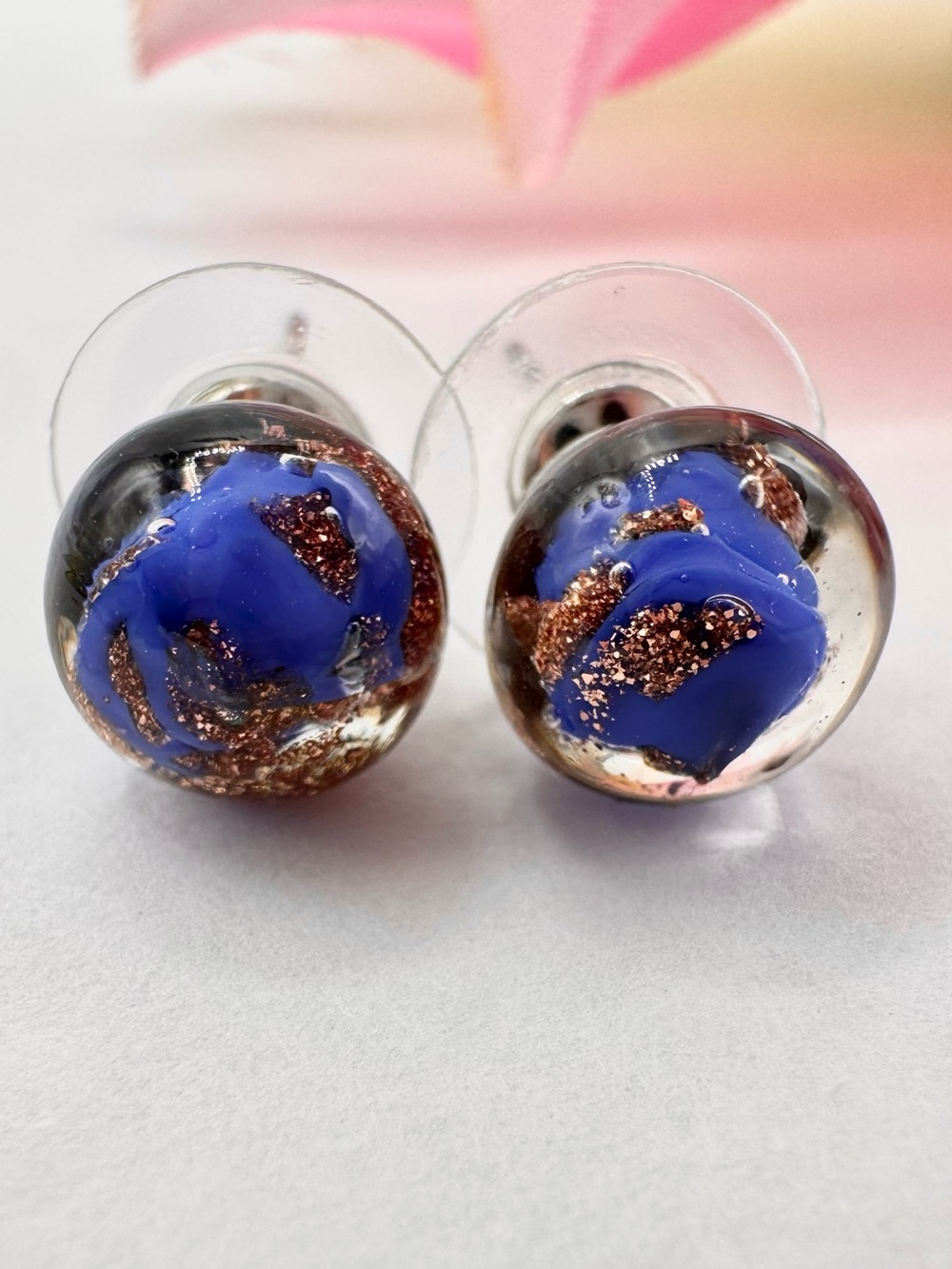Murano Glass Stud Earrings Made In Italy Blue Copper Tone Artsy New Old Stock